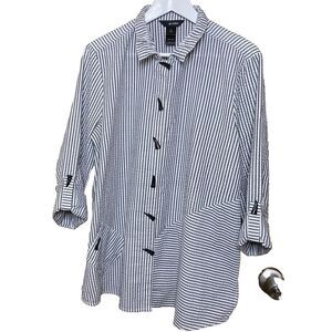 ALI MILES Tunic Striped Button Roll Tab Long Sleeves Shirt Womens L White Gray